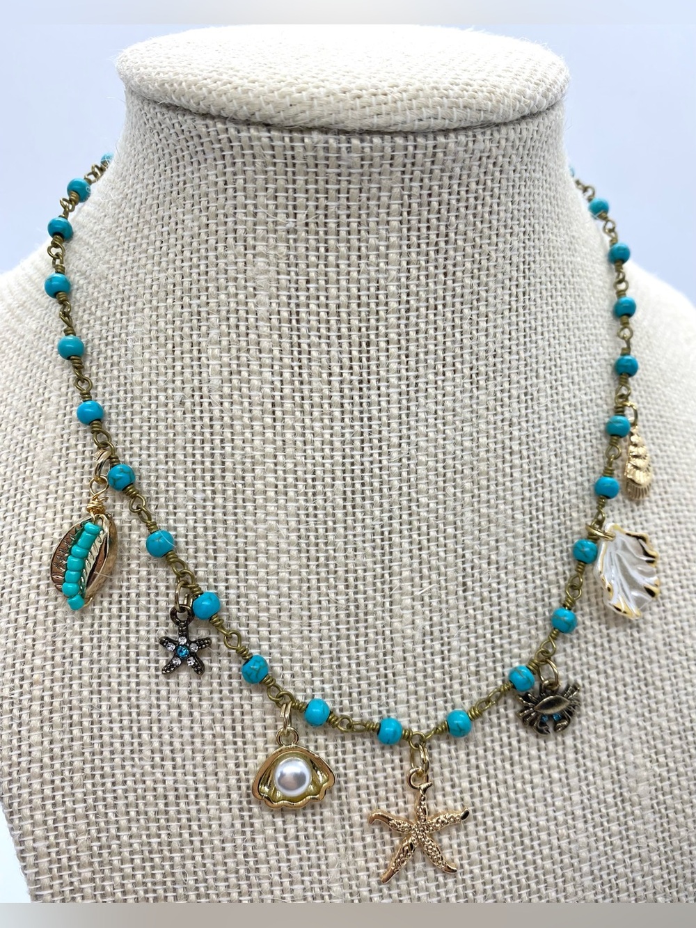 Blue Gold Beaded Necklace Beach Charms Boho Y2K Summer Preppy Eclectic Festival - Picture 13 of 15